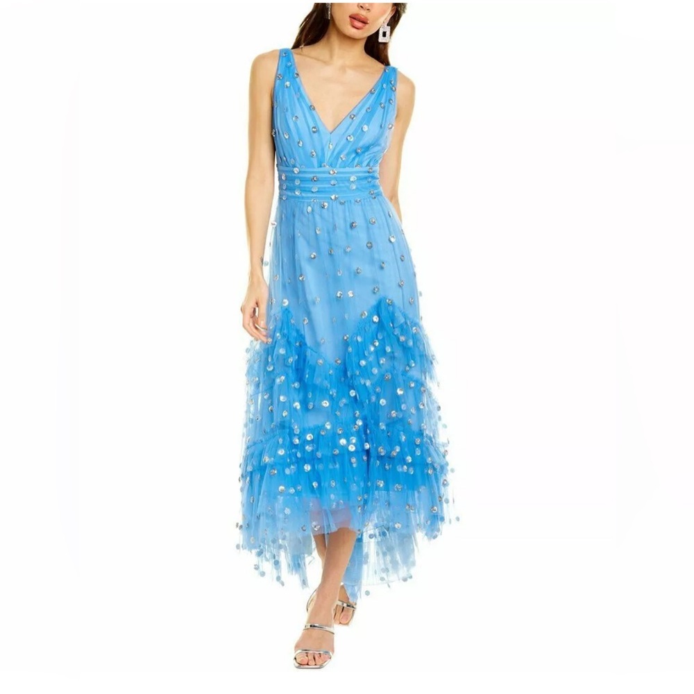 Marchesa Notte Sequin Dot Tulle Ruffle Dress Blue Size 0